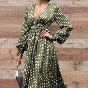 Maxi Dress Olive Green White Polka Dots sz. S M L